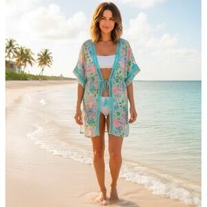 No Boundaries Women's Kimono Cover Up 70s Style Psychedelic Floral Print Crochet